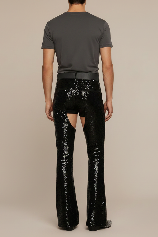 Pantalon Patte D'Éléphant Pailleté Noir Évasé Ouvert Homme - Polyester - vue 2
