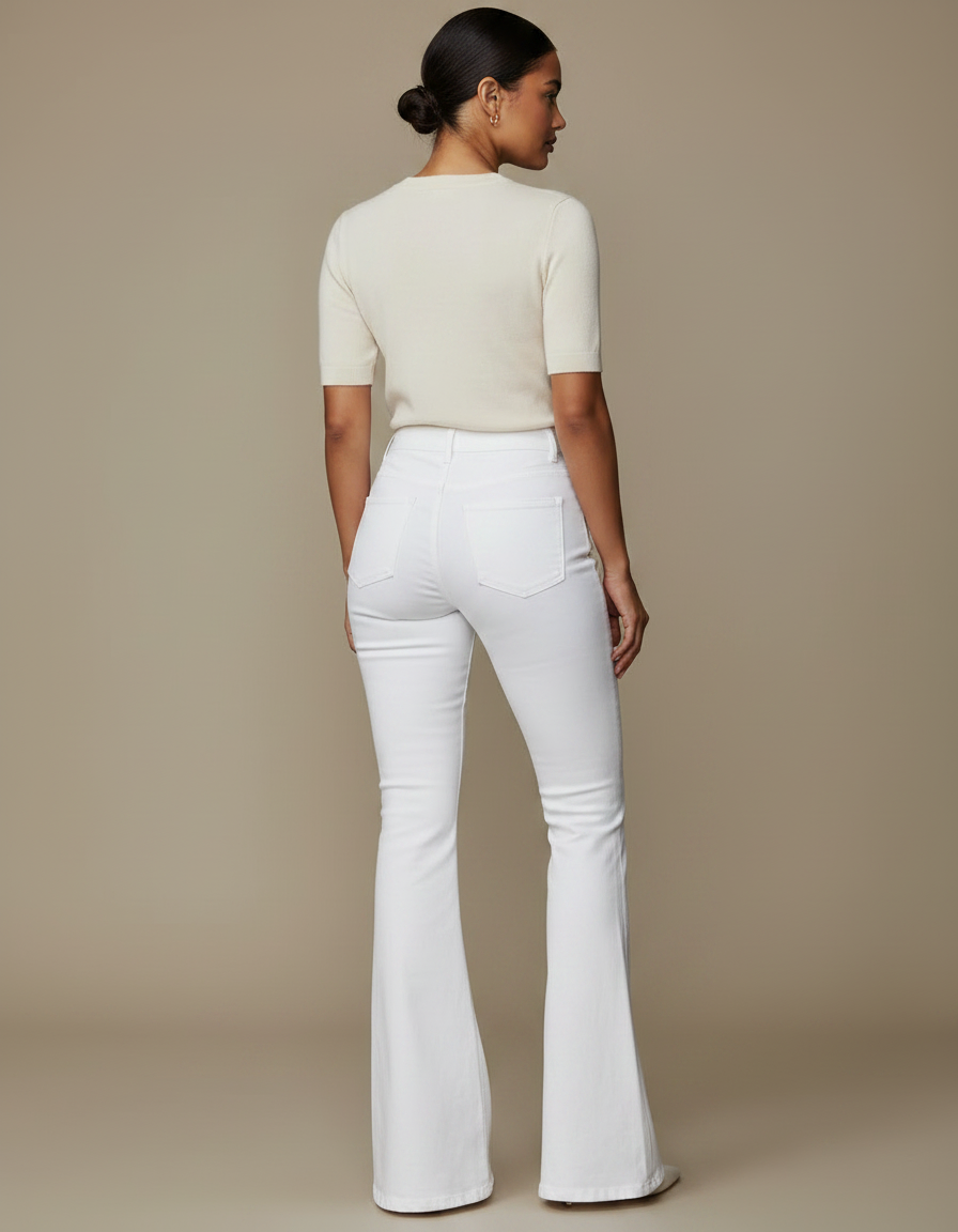 Pantalon Patte D'Éléphant Blanc Taille Haute Boutons Dorés - Jean - vue 2