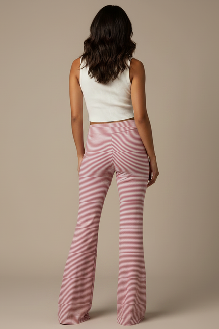 Pantalon Patte D'Éléphant Rayé Rouge Blanc Taille Haute Évasé - Maille - vue 2