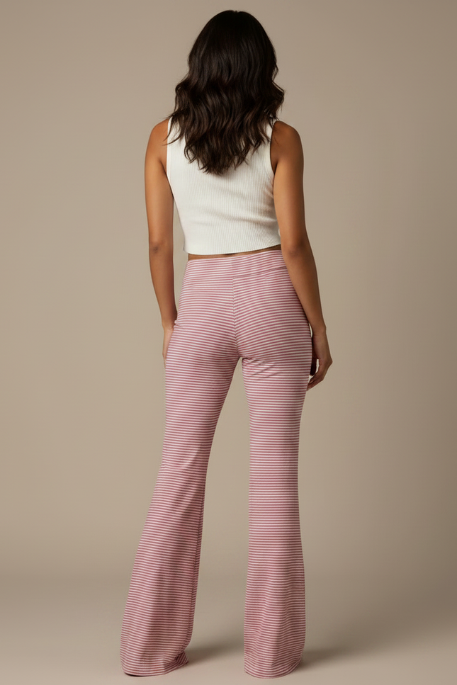 Pantalon Patte D'Éléphant Rayé Rouge Blanc Taille Haute Évasé - Maille - vue 2