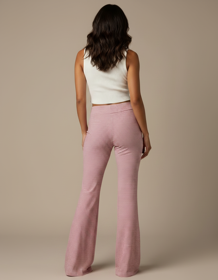 Pantalon Patte D'Éléphant Rayé Rouge Blanc Taille Haute Évasé - Maille - vue 2