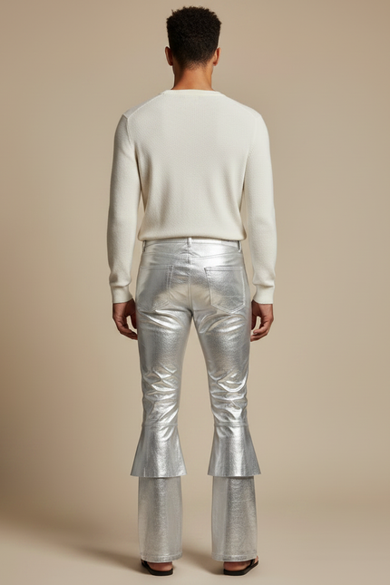 Pantalon Patte D'Éléphant Argent Brillant Métallique Évasé Homme - Argenté Simili cuir - vue 2