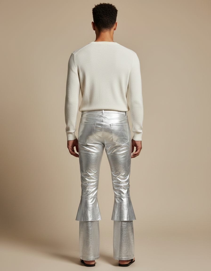 Pantalon Patte D'Éléphant Argent Brillant Métallique Évasé Homme - Argenté Simili cuir - vue 2