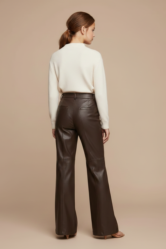 Pantalon Patte D'Éléphant Marron Similicuir Taille Haute Chic - Simili cuir - vue 2