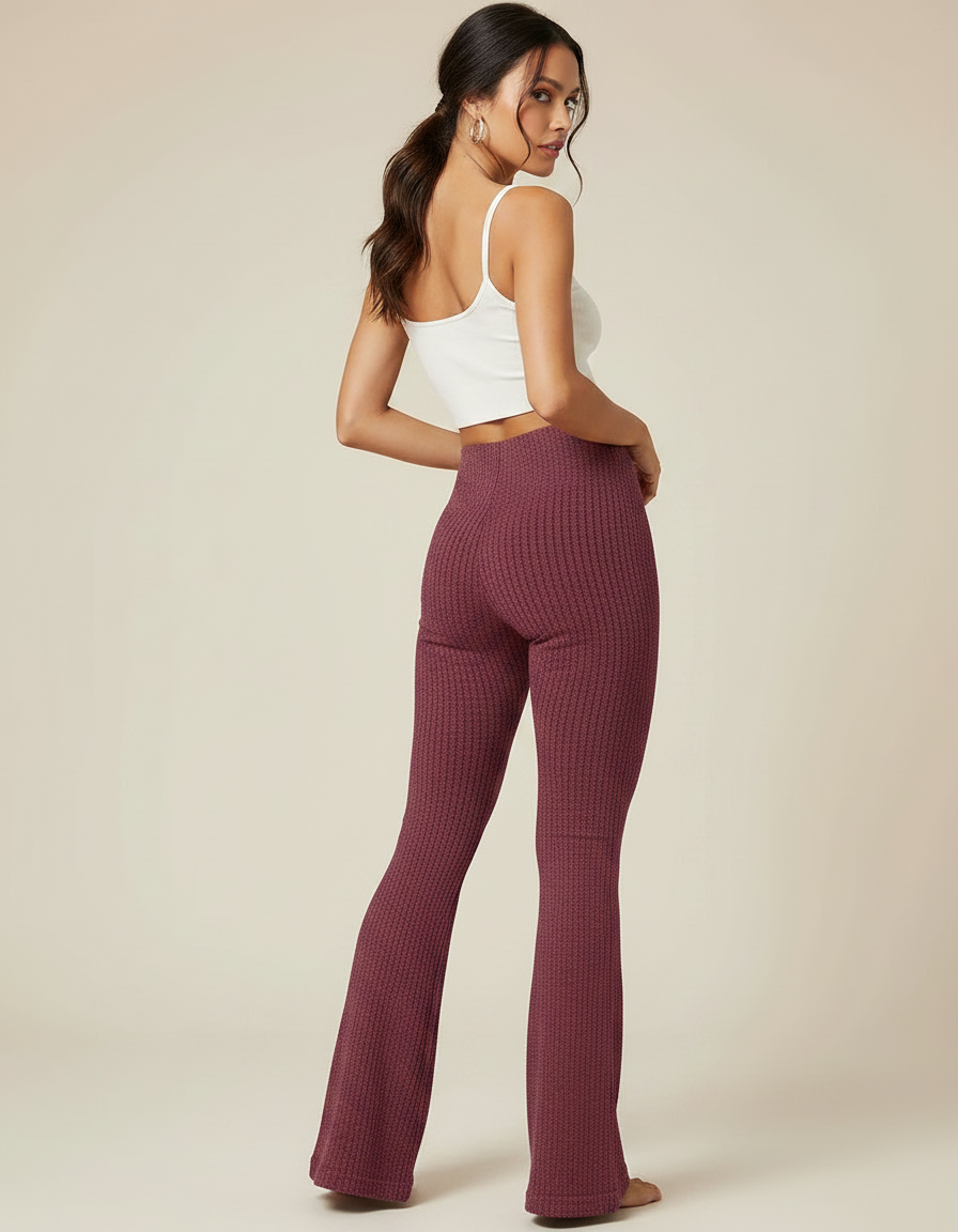 Pantalon Patte D'Éléphant Bordeaux Côtelé Tricoté Taille Haute - Maille - vue 2