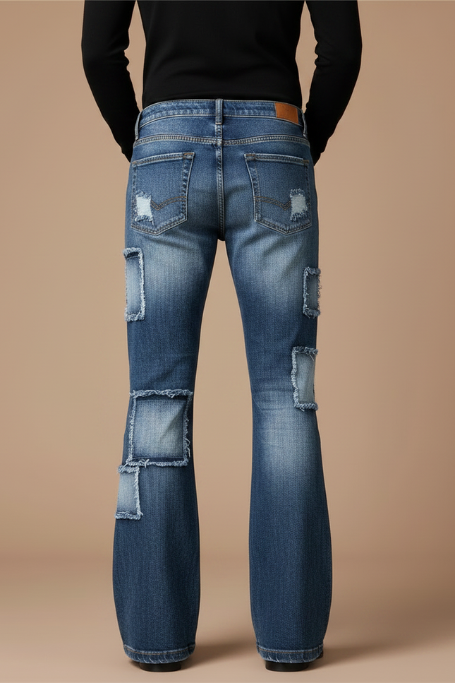 Pantalon Patte D'Éléphant Bleu Patchwork Vintage Délavé Homme - Jean - vue 2