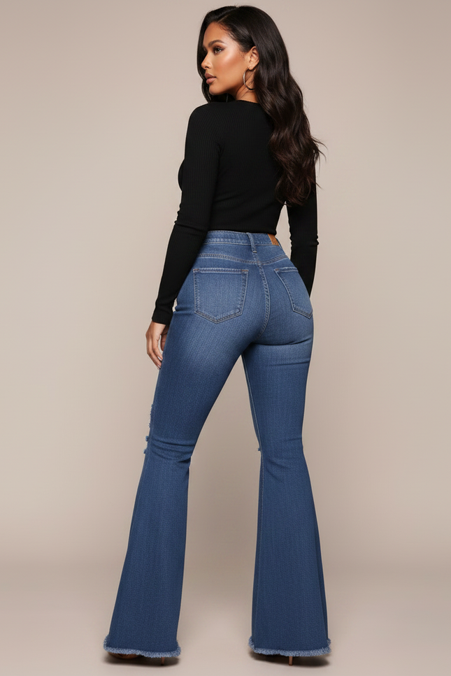 Pantalon Patte D'Éléphant Denim Bleu Délavé Évasé Déchiré Femme - Jean - vue 2