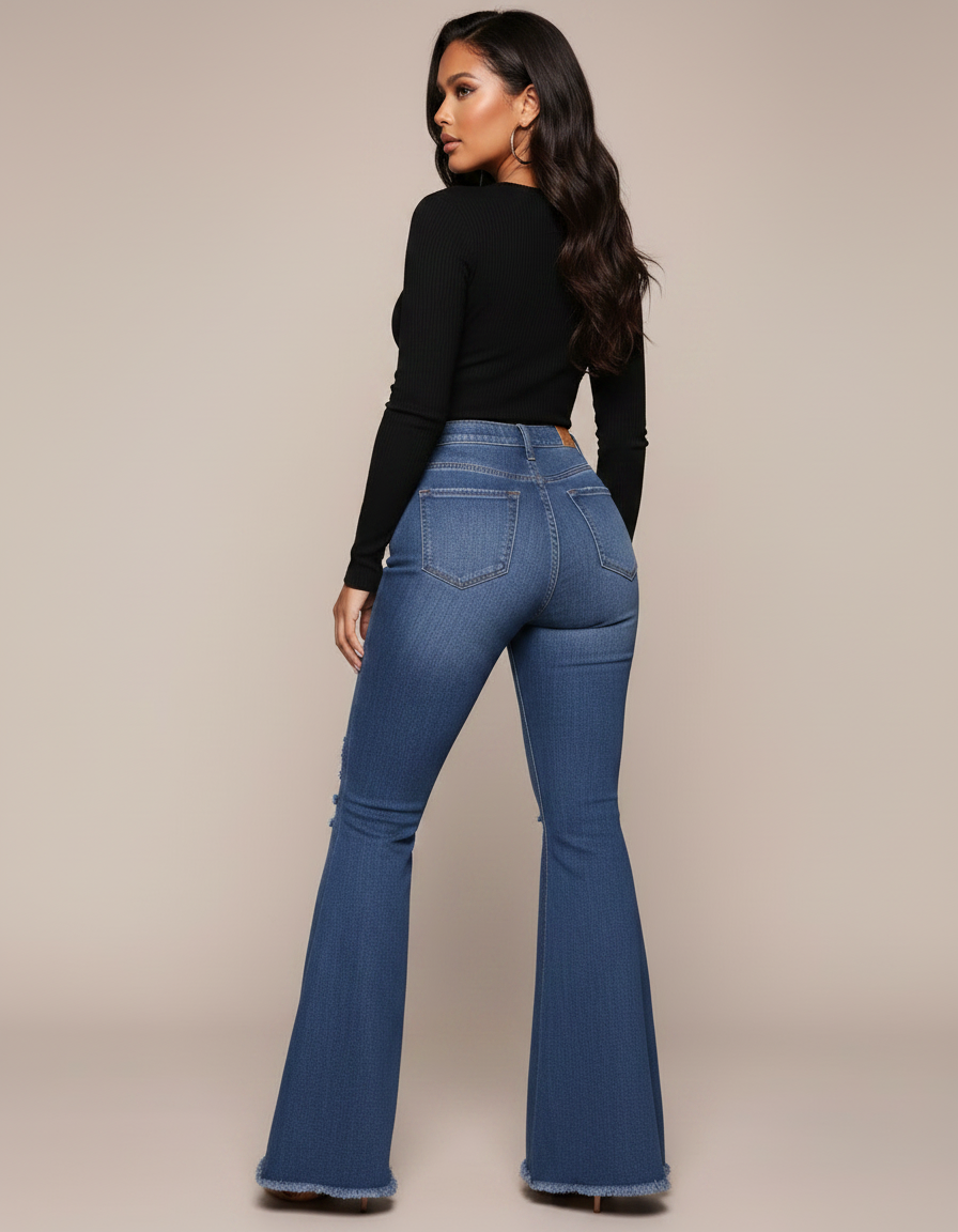 Pantalon Patte D'Éléphant Denim Bleu Délavé Évasé Déchiré Femme - Jean - vue 2