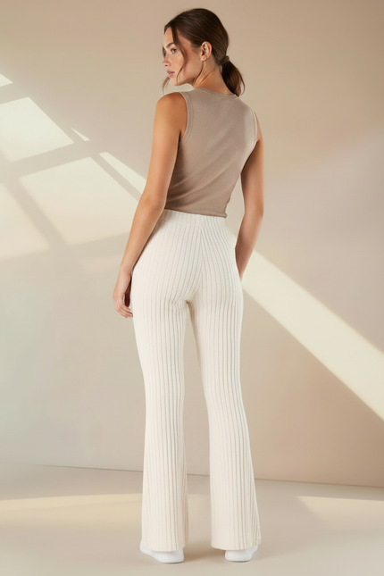 Pantalon Patte D'Éléphant Blanc Cassé Côtelé Évasé Confortable - Maille - vue 2