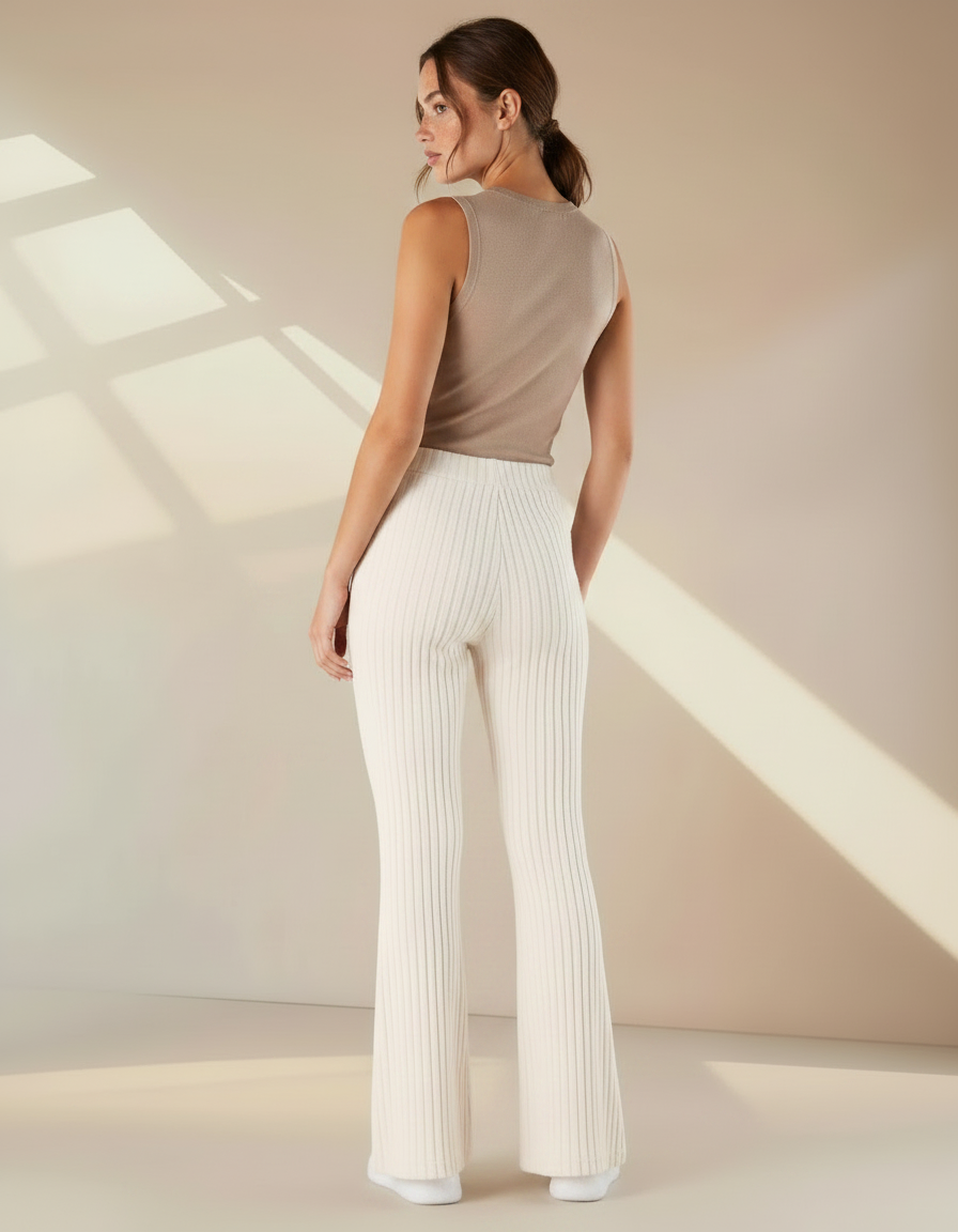 Pantalon Patte D'Éléphant Blanc Cassé Côtelé Évasé Confortable - Maille - vue 2