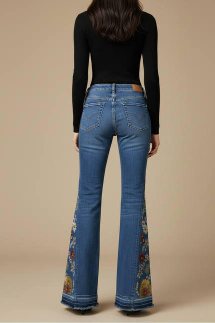 Pantalon Patte D'Éléphant Jean Bleu Brodé Floral Vintage Évasé - vue 2