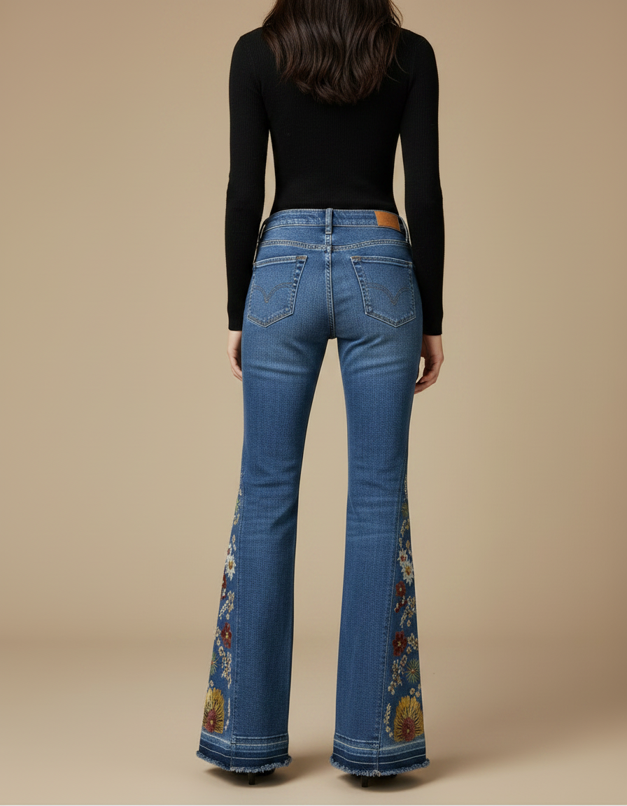 Pantalon Patte D'Éléphant Jean Bleu Brodé Floral Vintage Évasé - vue 2