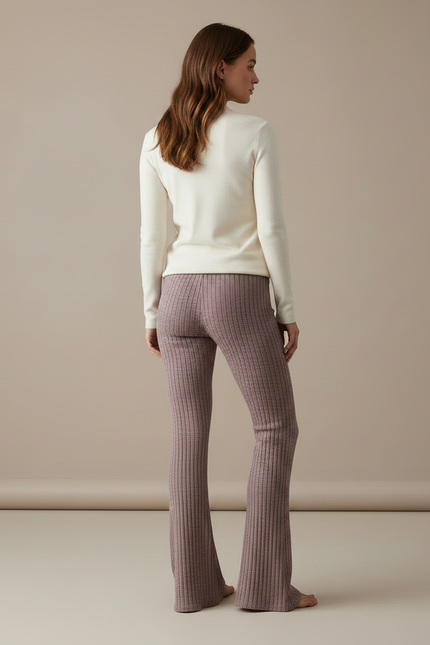 Pantalon Patte D'Éléphant Côtelé Mauve Taille Haute Confortable - Violet Maille - vue 2