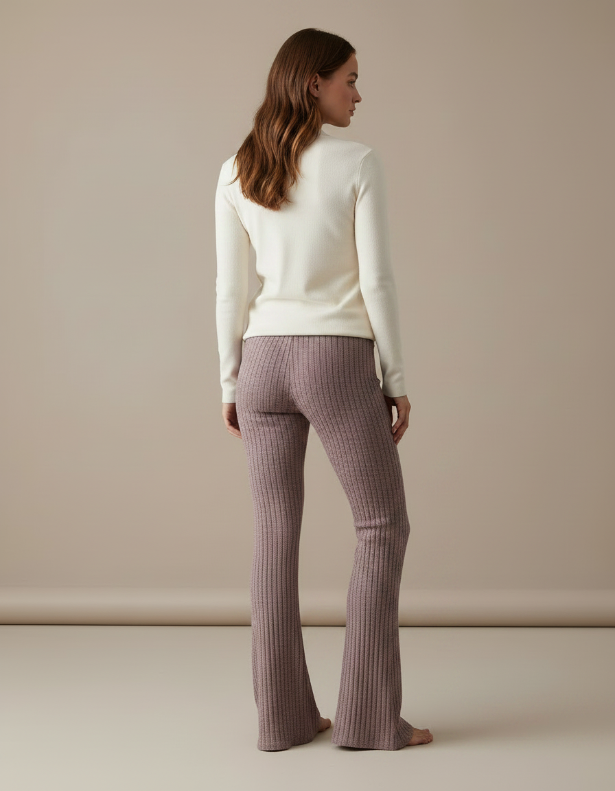 Pantalon Patte D'Éléphant Côtelé Mauve Taille Haute Confortable - Violet Maille - vue 2
