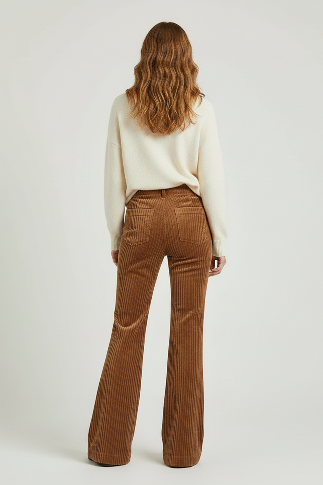 Pantalon Patte D'Éléphant Côtelé Marron Taille Haute Évasé - Cordé - vue 2