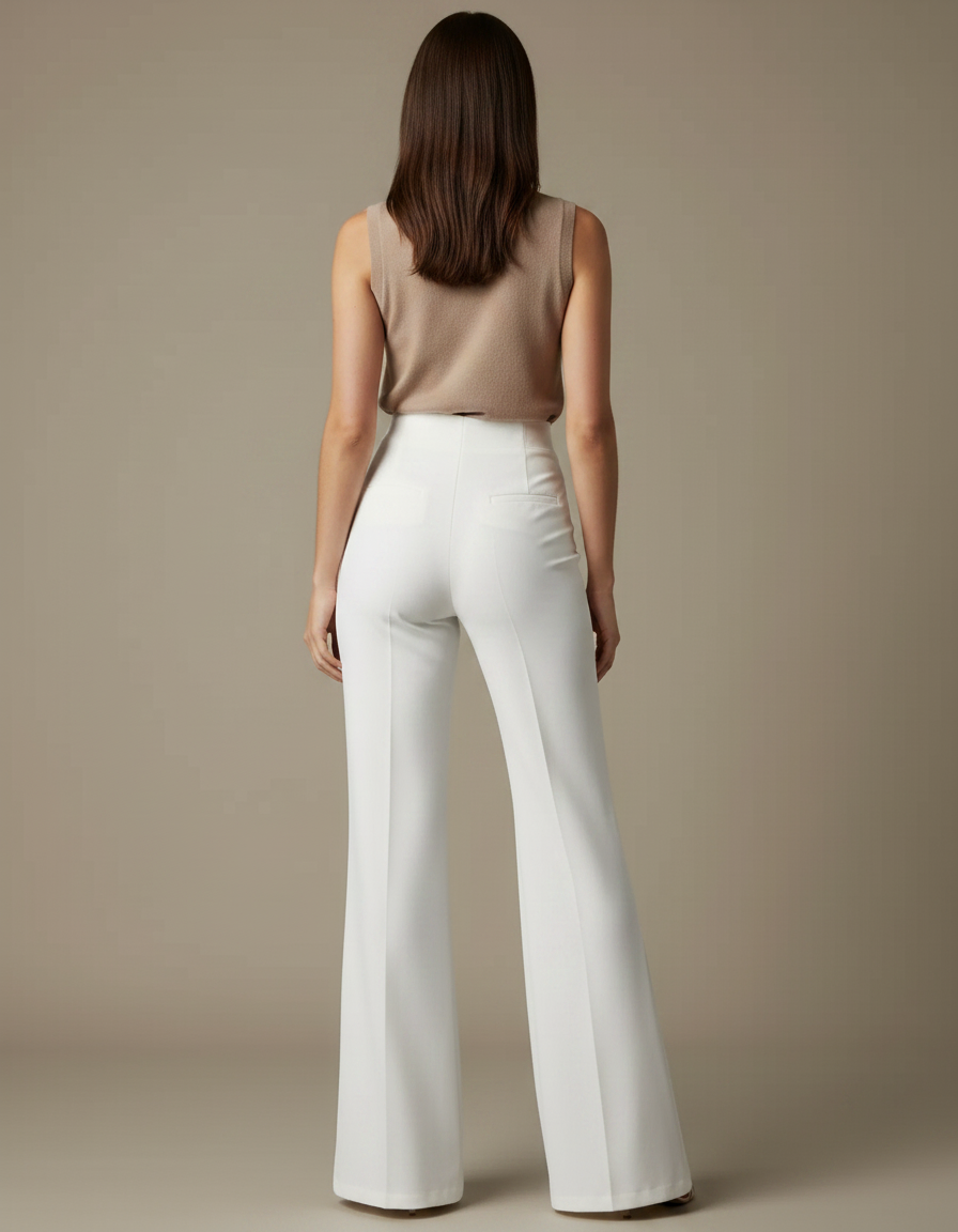 Pantalon Patte D'Éléphant Blanc Taille Haute Boutons Dorés Élégant - Polyester - vue 2