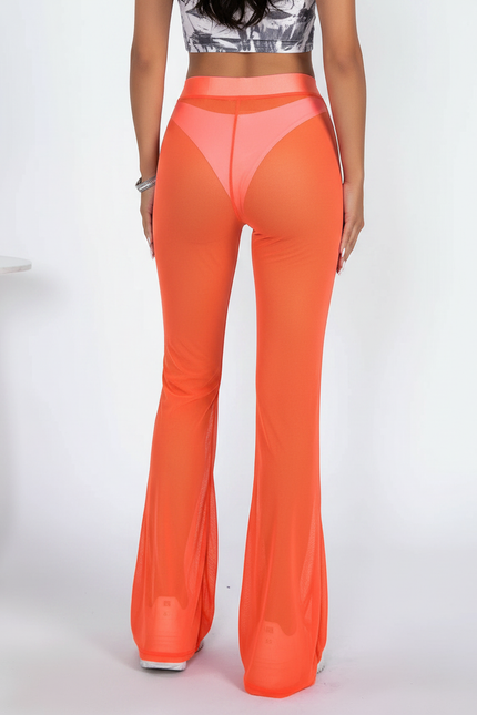 Pantalon Patte D'Éléphant Orange Transparent Maille Évasé Sexy