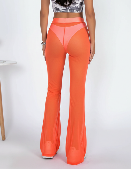 Pantalon Patte D'Éléphant Orange Transparent Maille Évasé Sexy