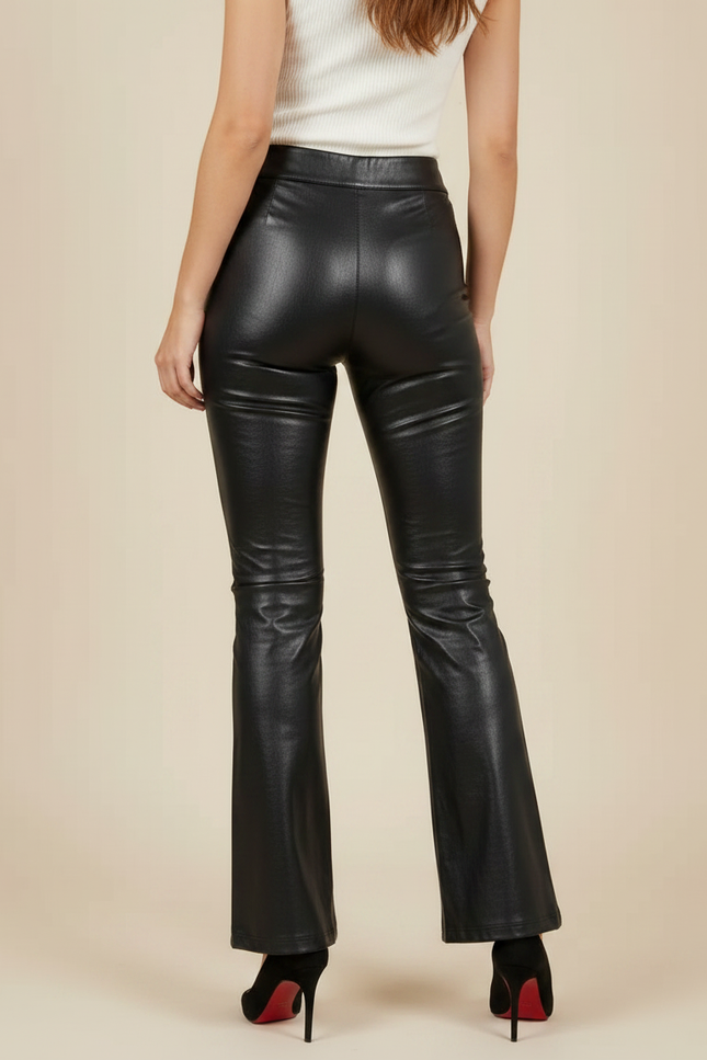 Pantalon Patte D'Éléphant Noir Brillant Similicuir Taille Haute - Simili cuir - vue 2