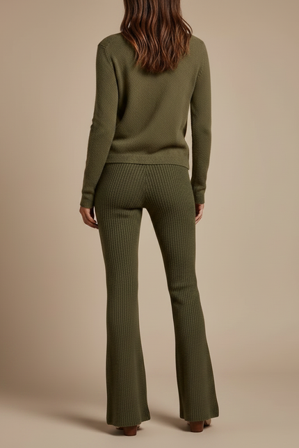 Pantalon Patte D'Éléphant Vert Côtelé Tricoté Confortable Femme - Kaki Maille - vue 2