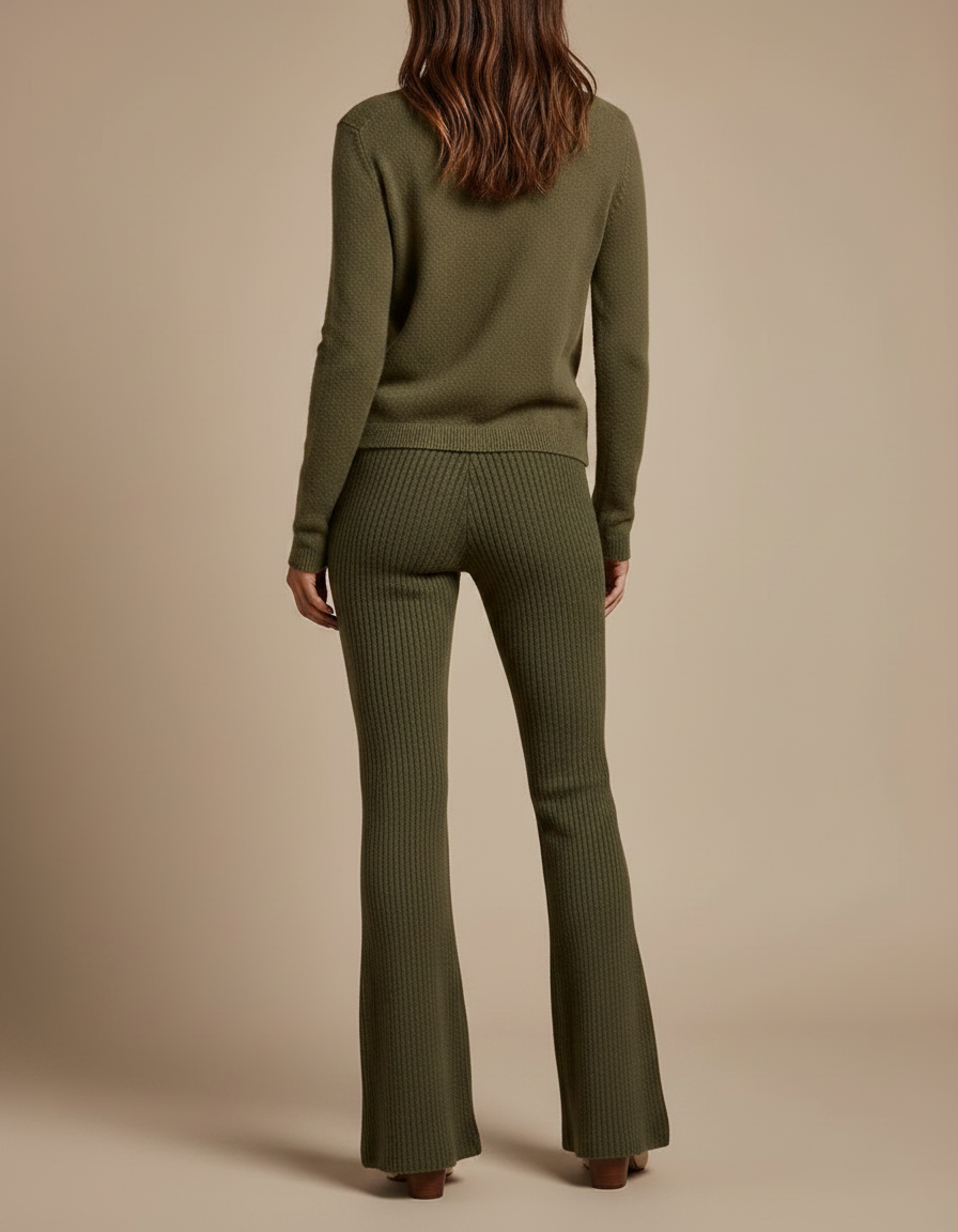 Pantalon Patte D'Éléphant Vert Côtelé Tricoté Confortable Femme - Kaki Maille - vue 2