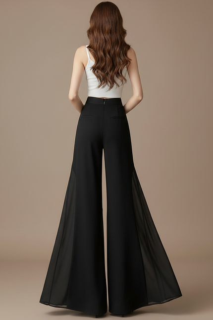 Pantalon Patte D'Éléphant Noir Fluide Taille Haute Chiffon Élégant - Polyester - vue 2