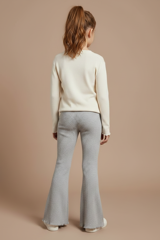 Pantalon Patte D'Éléphant Gris Côtelé Évasé Confortable Fille - Maille - vue 2