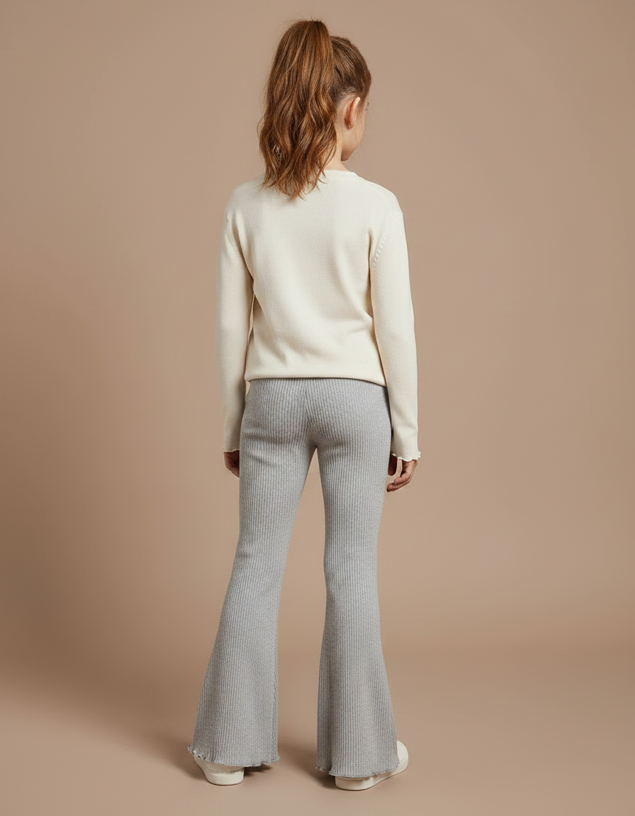 Pantalon Patte D'Éléphant Gris Côtelé Évasé Confortable Fille - Maille - vue 2