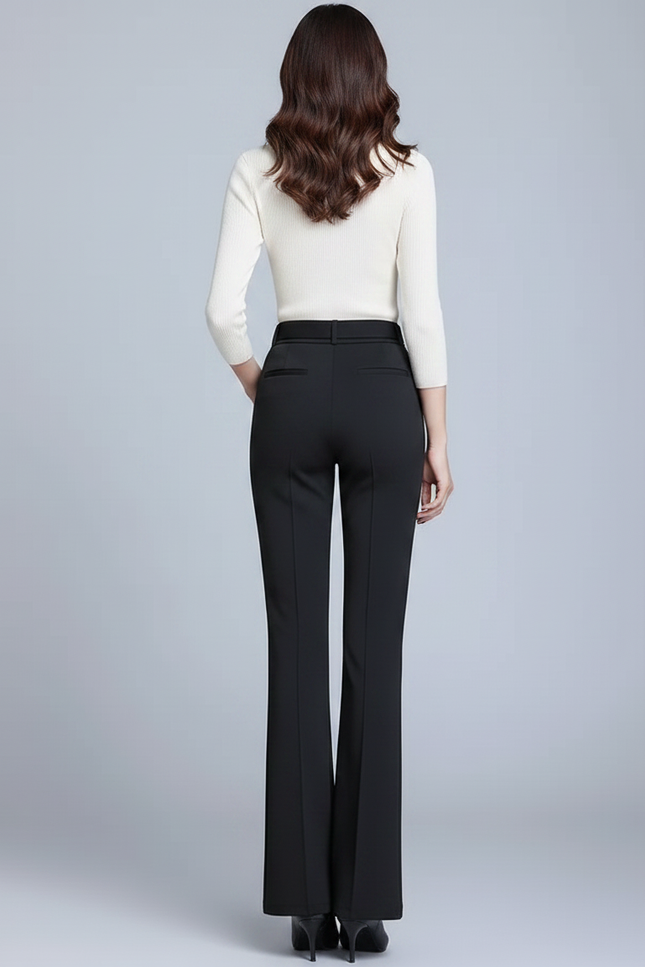 Pantalon Patte D'Éléphant Noir Élégant Taille Haute Ceinturé - Polyester - vue 2