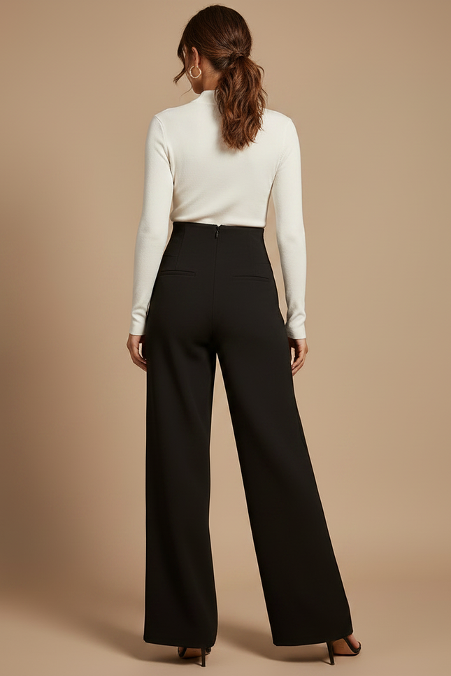 Pantalon Patte D'Éléphant Noir Taille Haute Boutons Dorés - Polyester - vue 2
