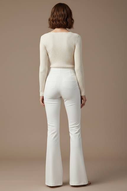 Pantalon Patte D'Éléphant Blanc Taille Haute Boutons Dorés Élégant Fluide - Polyester - vue 2