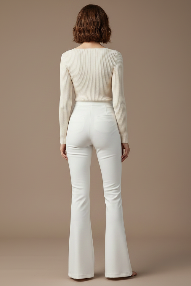 Pantalon Patte D'Éléphant Blanc Taille Haute Boutons Dorés Élégant Fluide - Polyester - vue 2