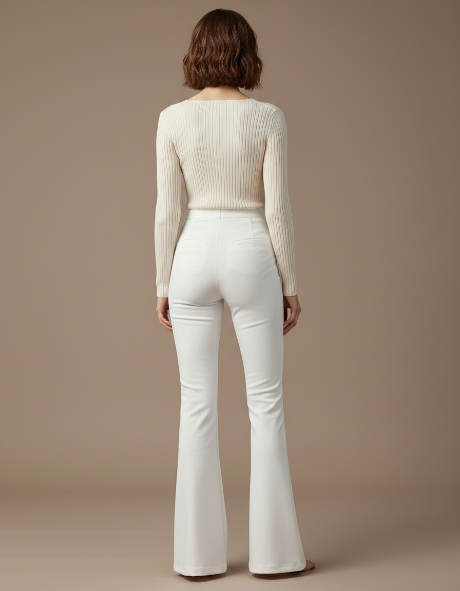 Pantalon Patte D'Éléphant Blanc Taille Haute Boutons Dorés Élégant Fluide - Polyester - vue 2