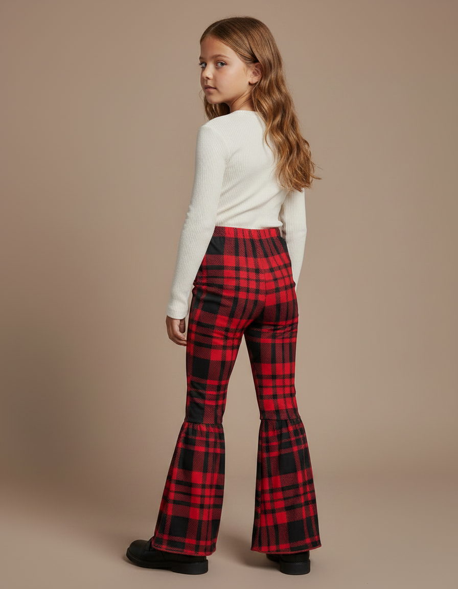 Pantalon Patte D'Éléphant Écossais Rouge Noir Confortable Fille - Multicolore Molleton - vue 2