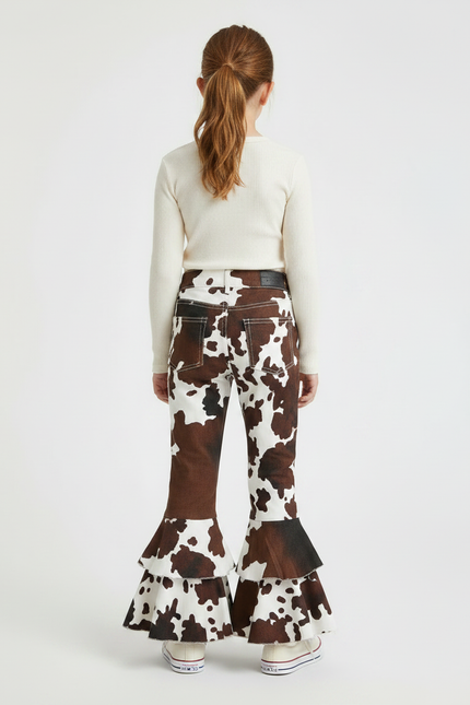 Pantalon Patte D'Éléphant Imprimé Vache Volants Marron Fille - Toile - vue 2