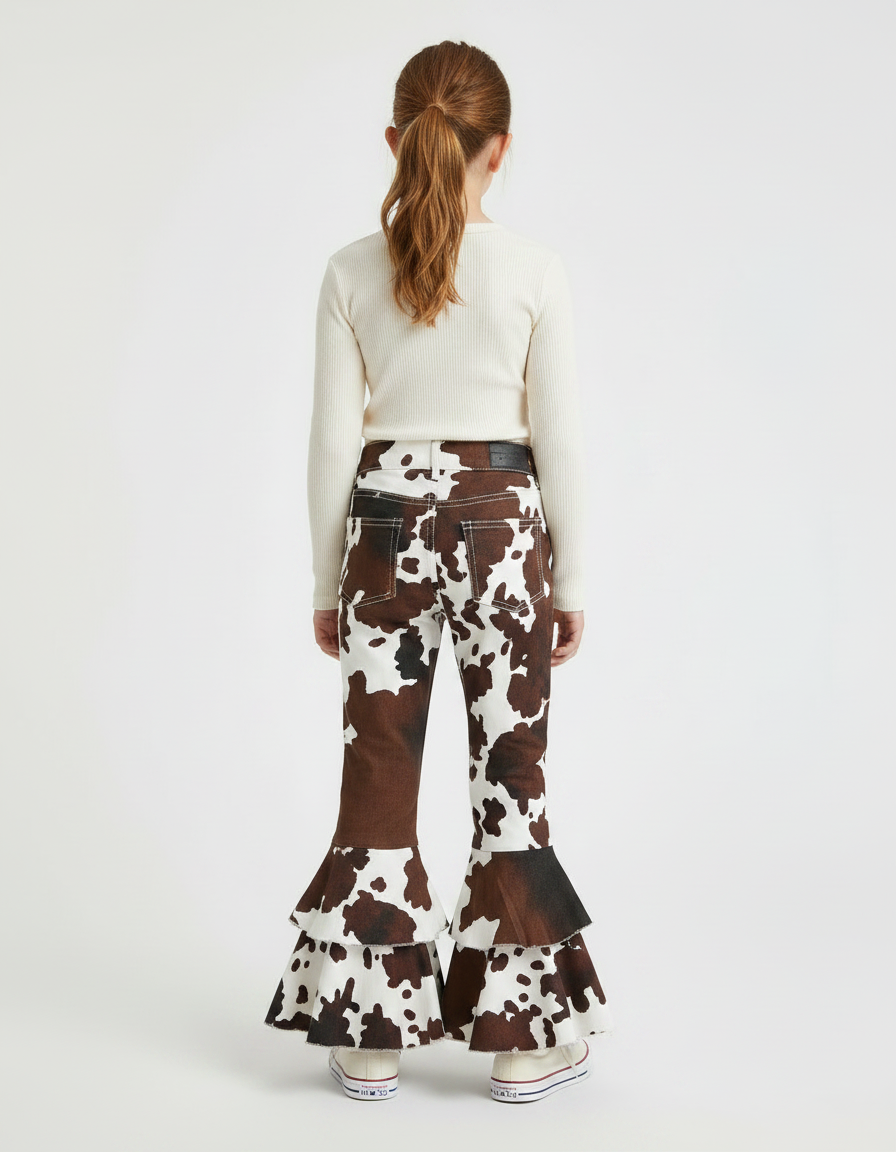 Pantalon Patte D'Éléphant Imprimé Vache Volants Marron Fille - Toile - vue 2