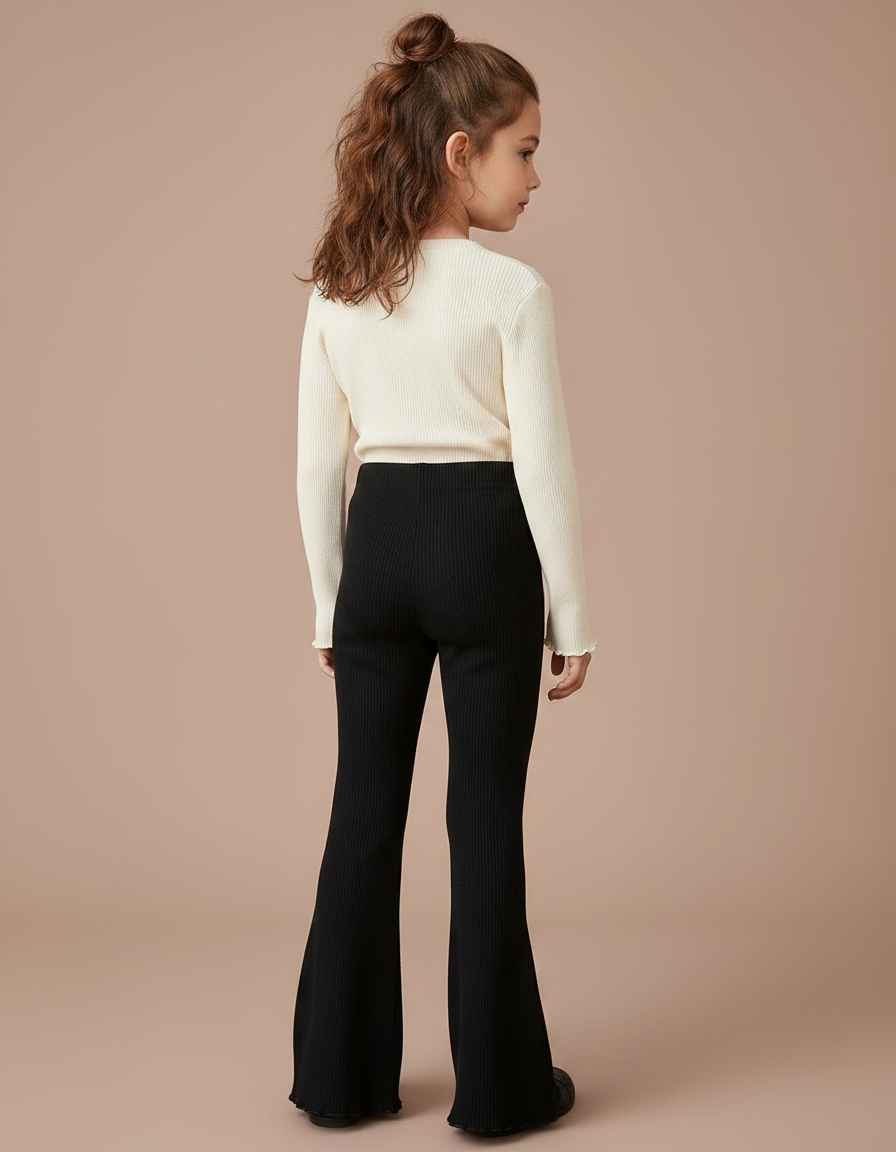 Pantalon Patte D'Éléphant Noir Côtelé Évasé Cœur Fille - Maille - vue 2