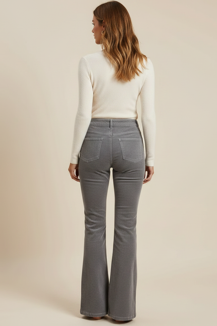Pantalon Patte D'Éléphant Gris Côtelé Taille Haute Boutons Slim - Cordé - vue 2