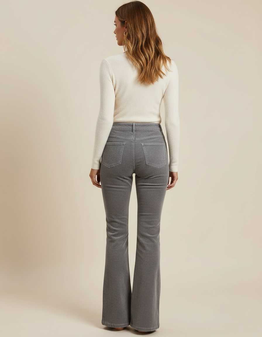Pantalon Patte D'Éléphant Gris Côtelé Taille Haute Boutons Slim - Cordé - vue 2