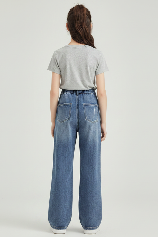 Pantalon Patte D'Éléphant Denim Large Déchiré Fille - Bleu Jean - vue 2