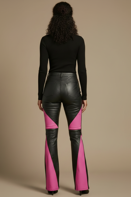 Pantalon Patte D'Éléphant Noir Rose Bicolore Similicuir Évasé Tendance - Multicolore Simili cuir - vue 2