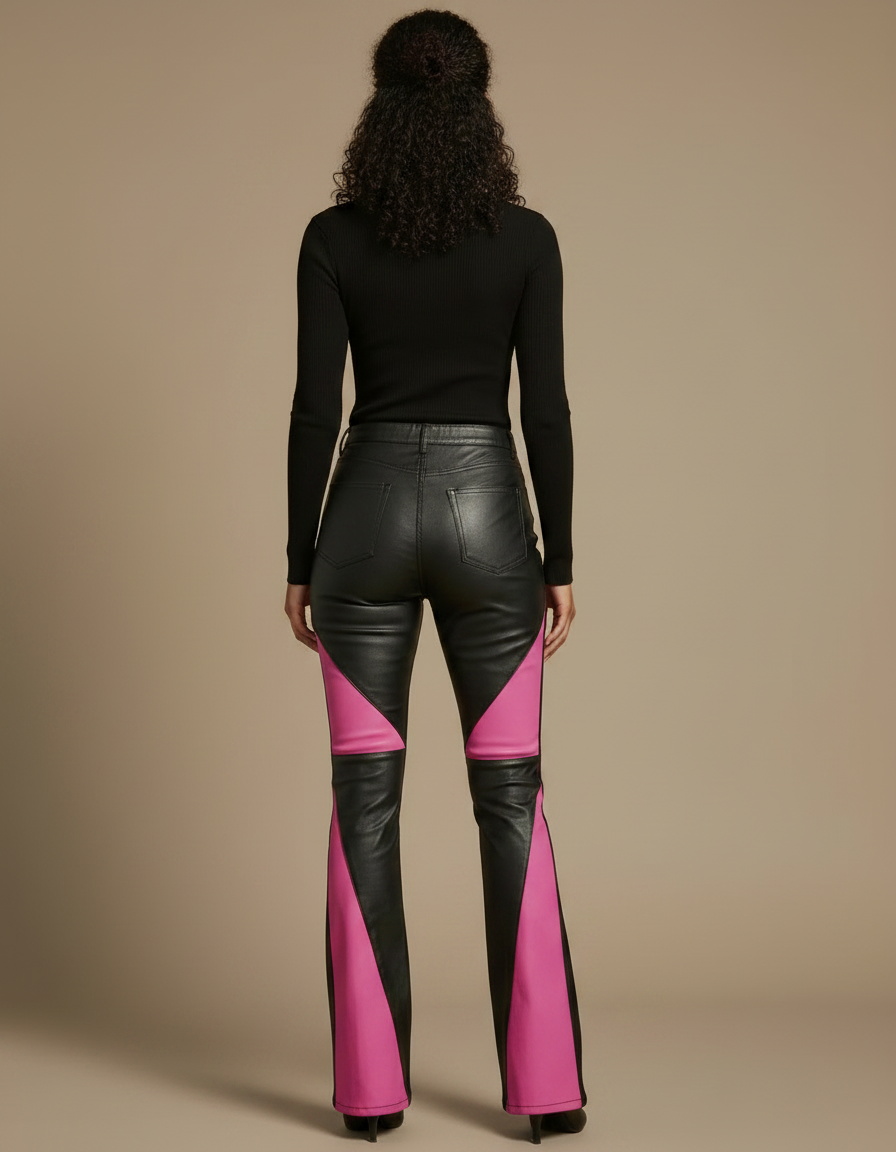 Pantalon Patte D'Éléphant Noir Rose Bicolore Similicuir Évasé Tendance - Multicolore Simili cuir - vue 2