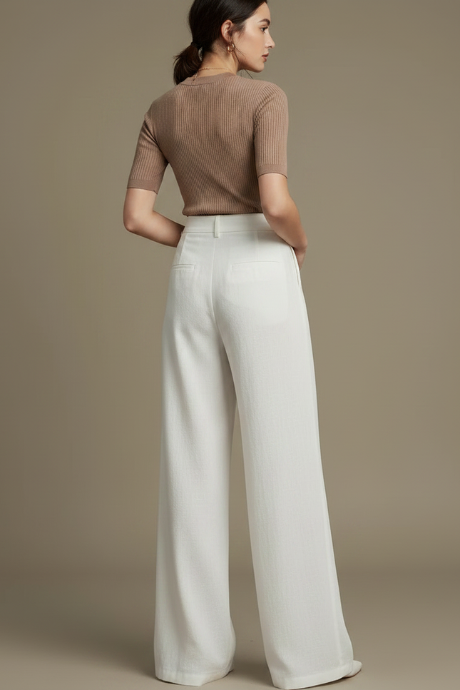 Pantalon Patte D'Éléphant Blanc Ample Taille Haute Décontracté - Lin - vue 2