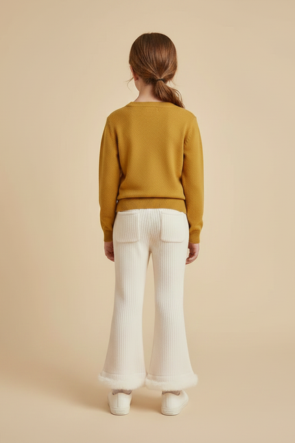 Pantalon Patte D'Éléphant Crème Côtelé Fourrure Chaud Fille - Beige Maille - vue 2