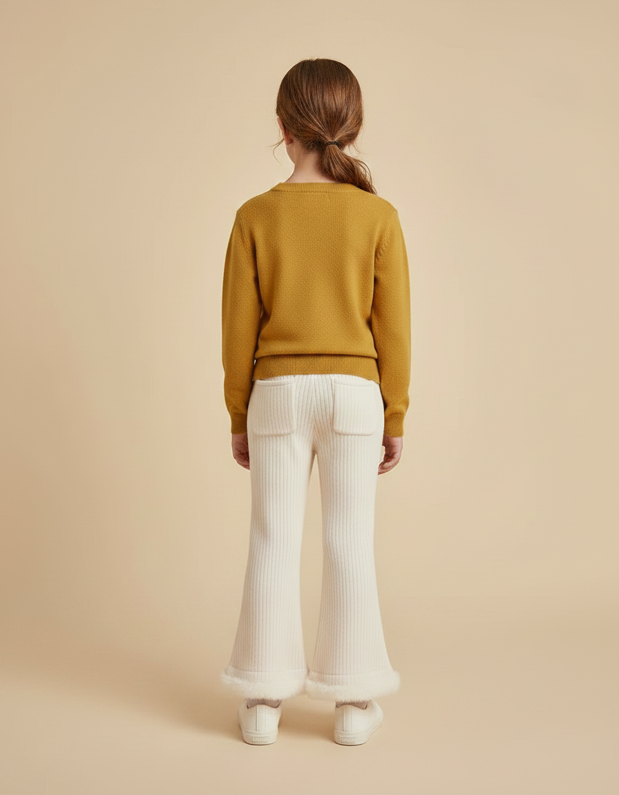 Pantalon Patte D'Éléphant Crème Côtelé Fourrure Chaud Fille - Beige Maille - vue 2