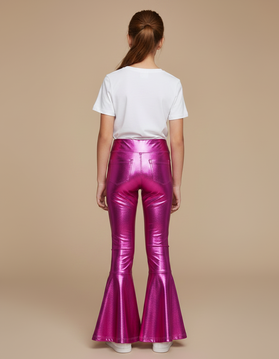 Pantalon Patte D'Éléphant Métallisé Fuchsia Brillant Évasé Fille - Rose Polyester - vue 2