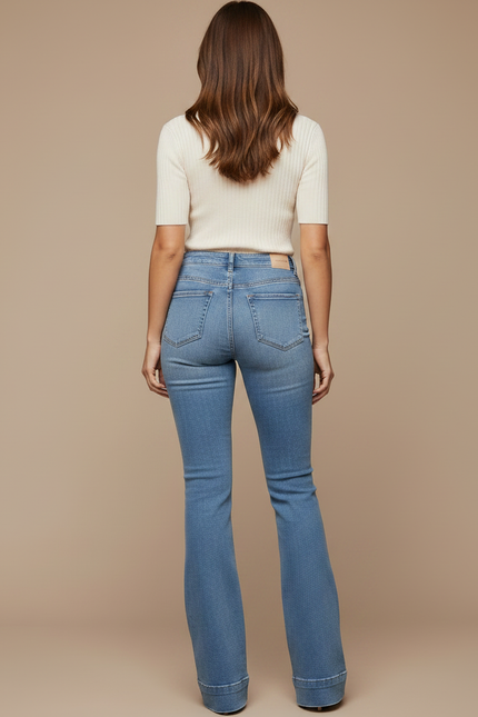 Pantalon Patte D'Éléphant Bleu Jean Taille Haute Évasé - vue 2