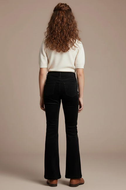 Pantalon Patte D'Éléphant Noir Côtelé Taille Haute Évasé Fille - Cordé - vue 2