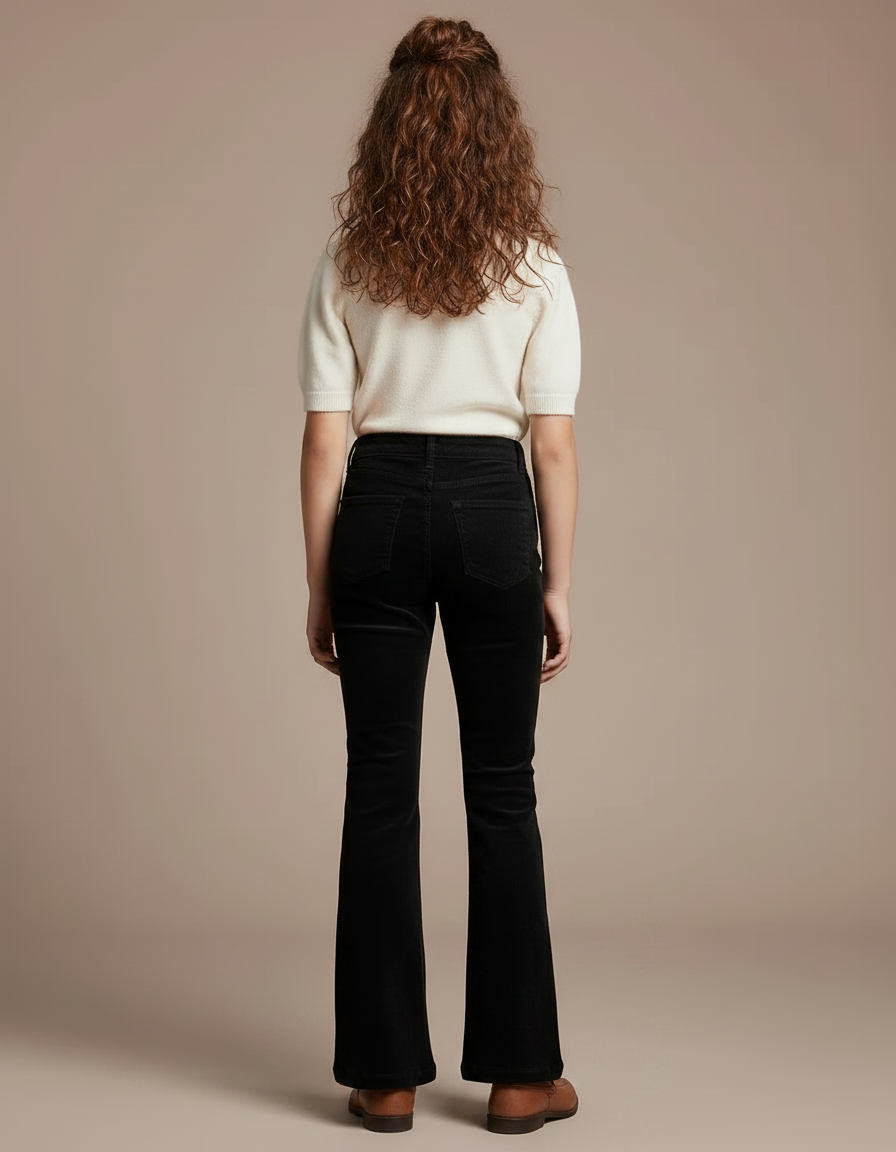 Pantalon Patte D'Éléphant Noir Côtelé Taille Haute Évasé Fille - Cordé - vue 2