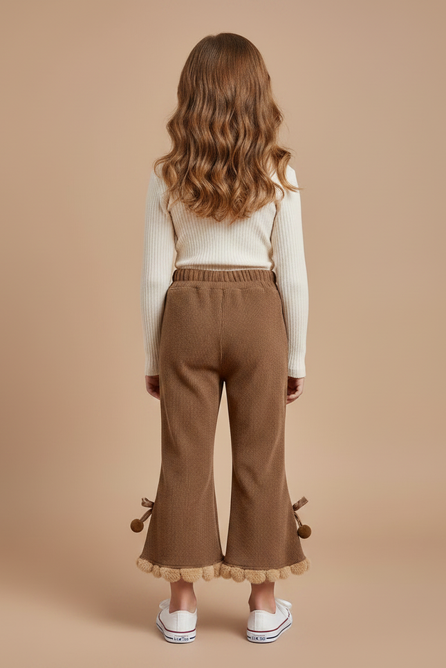 Pantalon Patte D'Éléphant Marron Côtelé Pompons Fille Confortable - Cordé - vue 2